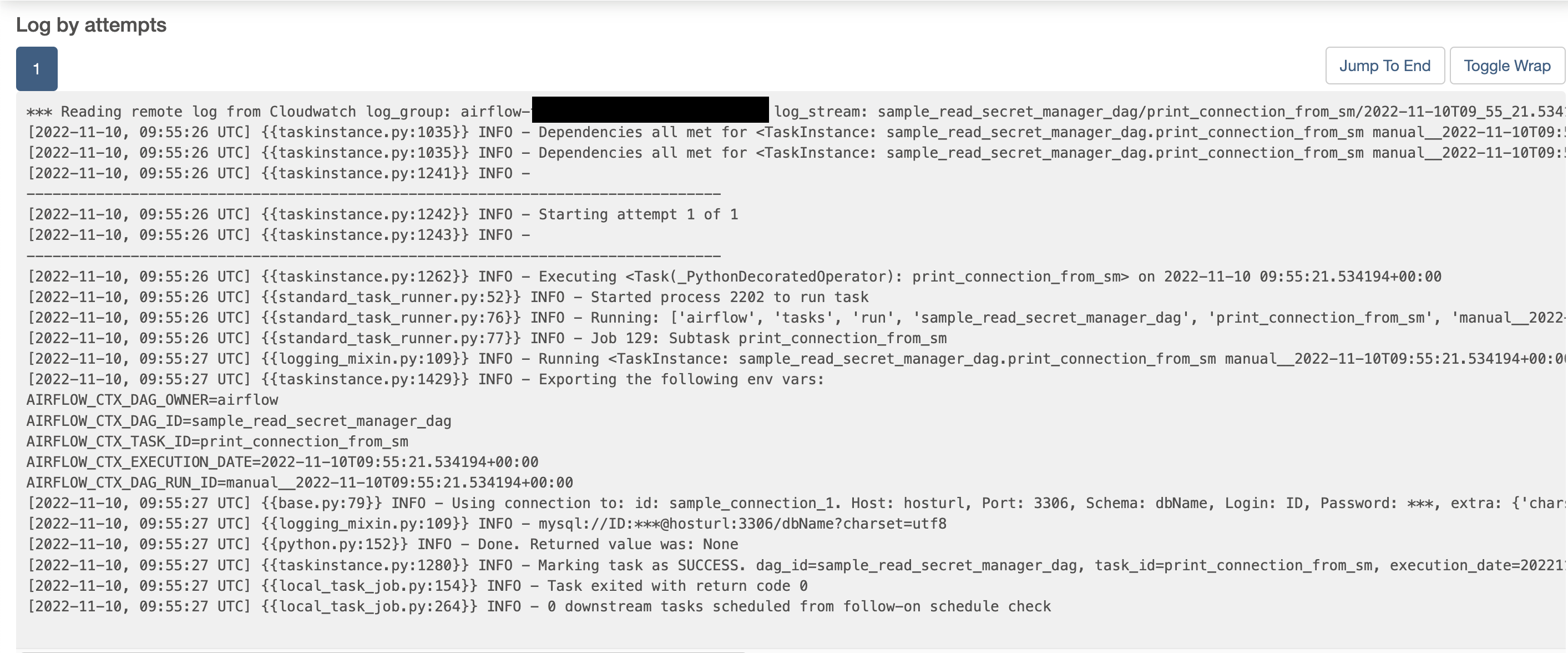 print_connection_from_sm task log. URI string을 잘 가져오고, 패스워드는 마스킹 처리되서 출력된다.